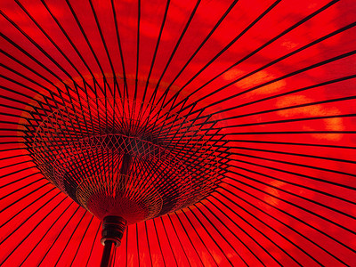 日式元素摄影照片_树荫下的日式红伞