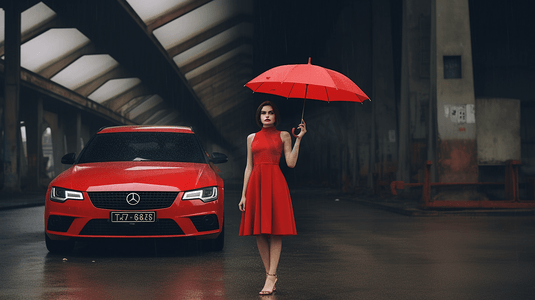 红色火焰摄影照片_一名女子站在车辆前，身穿红色火焰礼服，撑着黑色雨伞