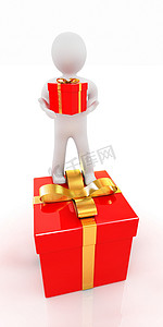 立体礼物摄影照片_3d 立体人和红色礼物用金丝带