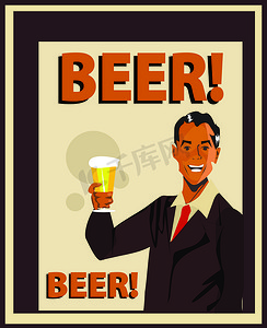 哈哈大笑卡通人物摄影照片_啤酒复古卡海报的男人