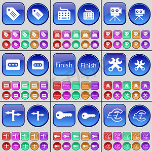 标签、键盘、胶片相机、磁带、表面处理、扳手、路标、钥匙、欧元。