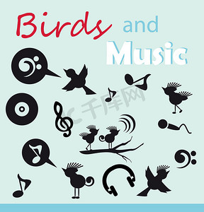 鸟类和音乐剪影图标集
