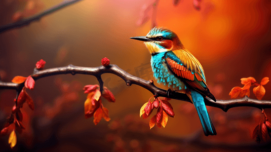 一只蓝橙色的鸟坐在树枝上
