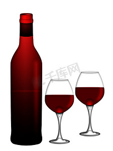 白酒psd摄影照片_红酒瓶和两杯白色背景插图