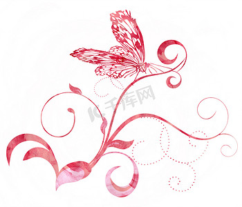 红色粉色蝴蝶曲线水彩插图
