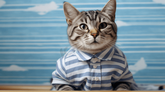 穿着蓝白相间条纹衬衫的猫咪