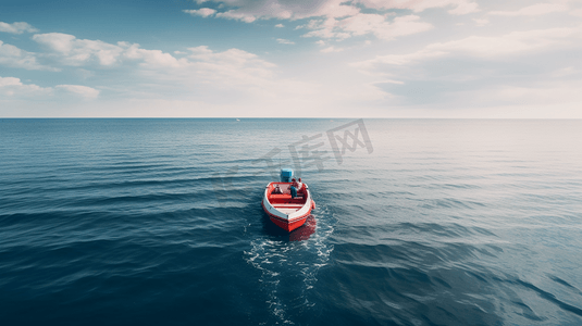 两人白天在蓝色海面上乘坐红白相间的小船