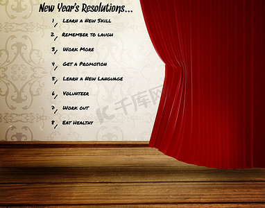 新年红色舞台摄影照片_白色背景下新年决议列表的合成图像