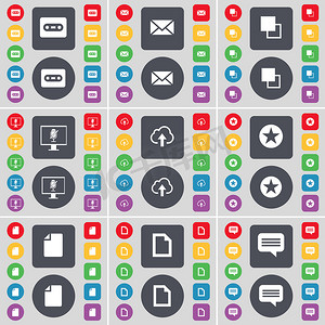 盒式磁带、消息、复制、监视器、云、星、文件、聊天气泡图标符号。
