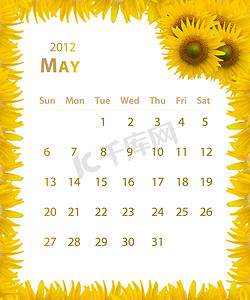 星期四日历摄影照片_2012 年日历，5 月与向日葵框架设计