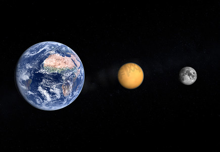 泰坦摄影照片_行星地球、月球和泰坦