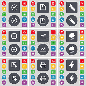 勾选、文件、火箭、减号、图形、云、软盘、打印机、闪存图标符号。
