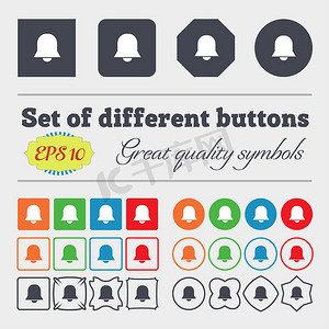 警铃图标标志大套色彩缤纷、多样化、高品质的按钮。