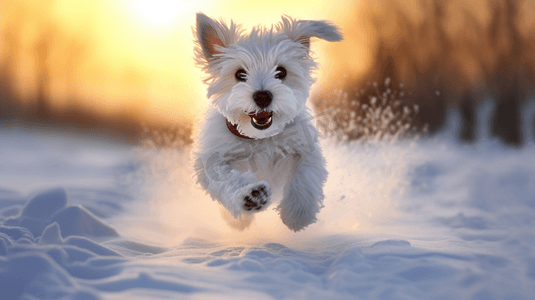雪摄影照片_一只白色的小狗在雪中奔跑