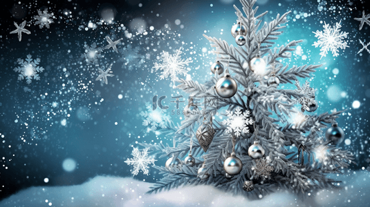 银蓝色圣诞节圣诞树雪花飘落背景