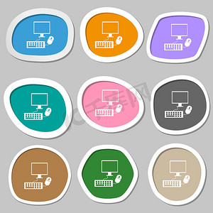 鼠标符号摄影照片_计算机宽屏显示器、键盘、鼠标标志图标。