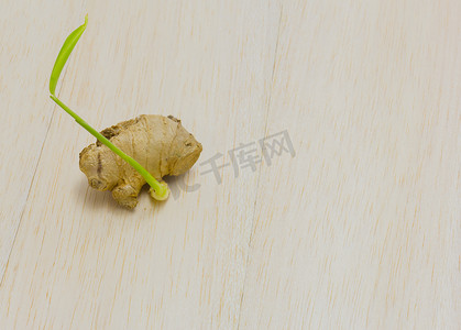 生姜摄影照片_木背景上发芽的生姜