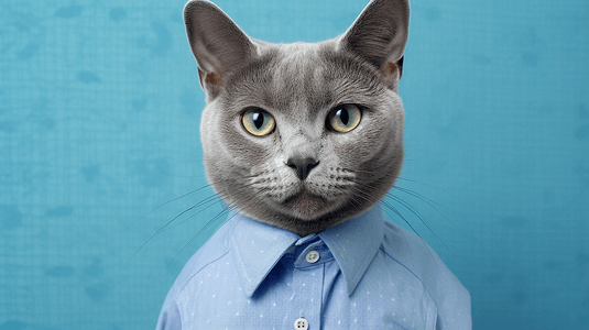 穿着蓝色衬衫的俄罗斯蓝猫猫咪