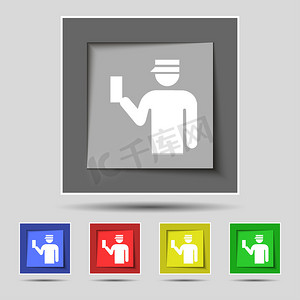 名侦探河南摄影照片_检查员图标在原始的五个彩色按钮上签名。
