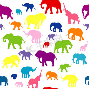 大象与人摄影照片_无缝背景与彩色大象剪影