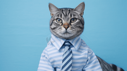 蓝白渐变边框摄影照片_穿着蓝白相间条纹衬衫的灰猫狸花猫