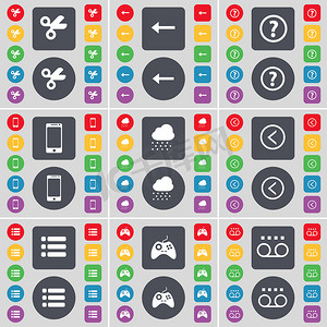 剪刀，向左箭头，问号，智能手机，云，向左箭头，列表，游戏手柄，盒式磁带图标符号。