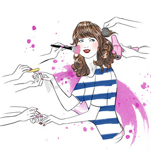美容院接受美容治疗的年轻女性 — 手绘光栅图