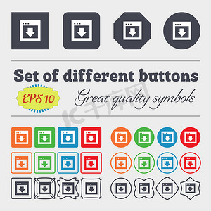 品质标签摄影照片_向下箭头，下载，加载，备份图标标志大套色彩缤纷、多样化、高品质的按钮。