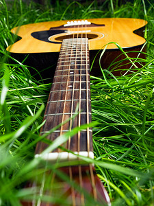 草坪音乐会摄影照片_草丛中的吉他