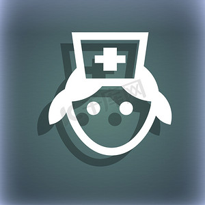 蓝绿色抽象背景上的护士图标符号，带有阴影和文本空间。