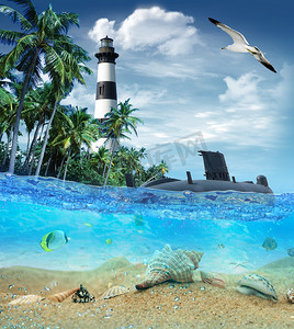 在热带海岛附近的潜艇有灯塔的在背景中