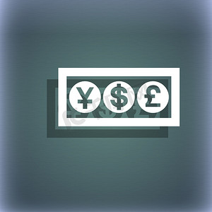 蓝绿色抽象背景上的现金货币图标符号，带有阴影和文本空间。