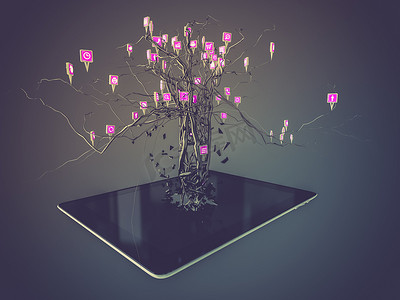 社交媒体图标在现代黑色平板电脑上以树形状设置。