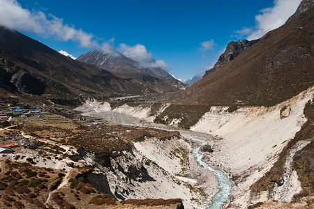 喜马拉雅景观：高原村庄和山峰