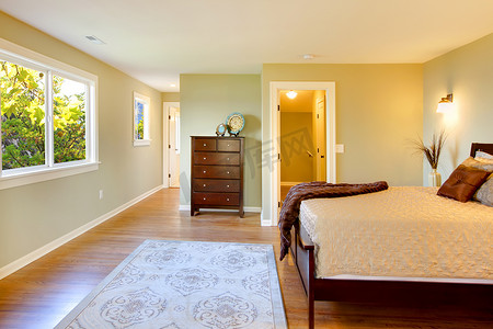 有现代棕色床和绿色墙壁的大卧室。