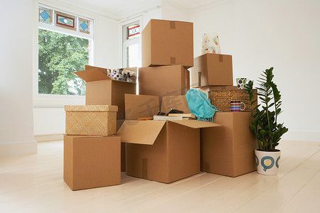 箱子摄影照片_新房子里一堆搬家的箱子