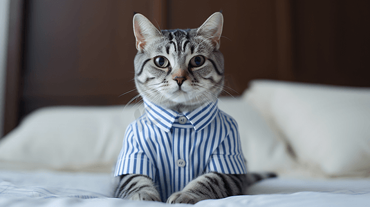 蓝白条纹摄影照片_穿着蓝白相间条纹衬衫的灰猫猫咪