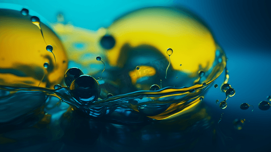 黄色液体摄影照片_蓝色和黄色液体的特写镜头