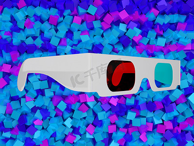 彩色块上的影院 3D 眼镜