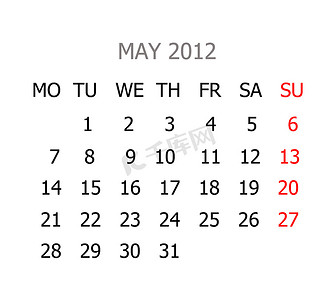 2012 年的简单日历