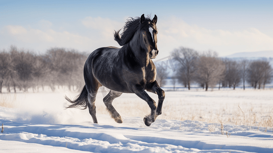 一匹黑马在白雪覆盖的田野上奔跑