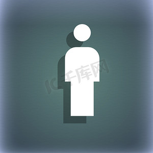 蓝绿色抽象背景上的人类、男性、男性厕所图标符号，带有阴影和文本空间。