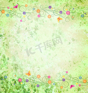 花朵边框设计边框摄影照片_绿色纹理背景与花朵边框