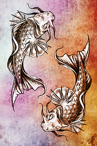 纹身艺术草图，日本金鱼在彩色纸上