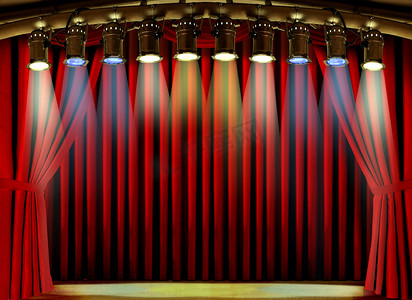 斑点红色摄影照片_有红色窗帘和聚光灯的空舞台