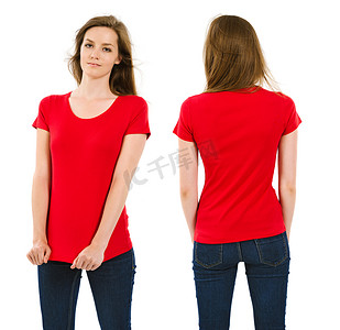 休闲衬衣摄影照片_有空白的红色衬衣的年轻黑发妇女