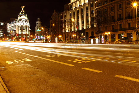曲线大道摄影照片_西班牙马德里格兰大道街在晚上