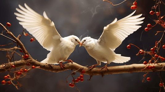 鸟类两只白鸟在争夺一根树枝