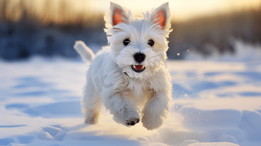 雪摄影照片_一只白色的小狗在雪中奔跑
