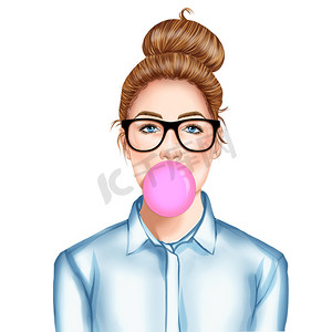 手绘光栅插图-戴眼镜嚼泡泡糖的美丽年轻漂亮女孩的时尚插画